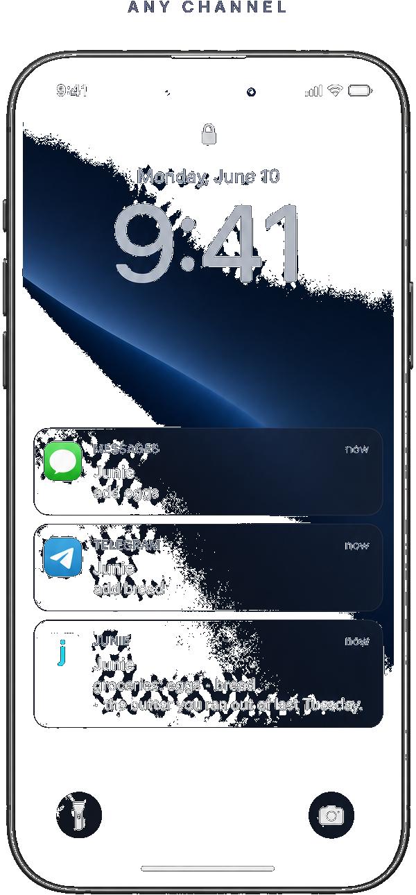 iPhone lock screen with three Junie notifications: a Messages note 'add eggs', a Telegram note 'add bread', and a Junie note 'groceries: eggs · bread · the butter you ran out of last Tuesday.'